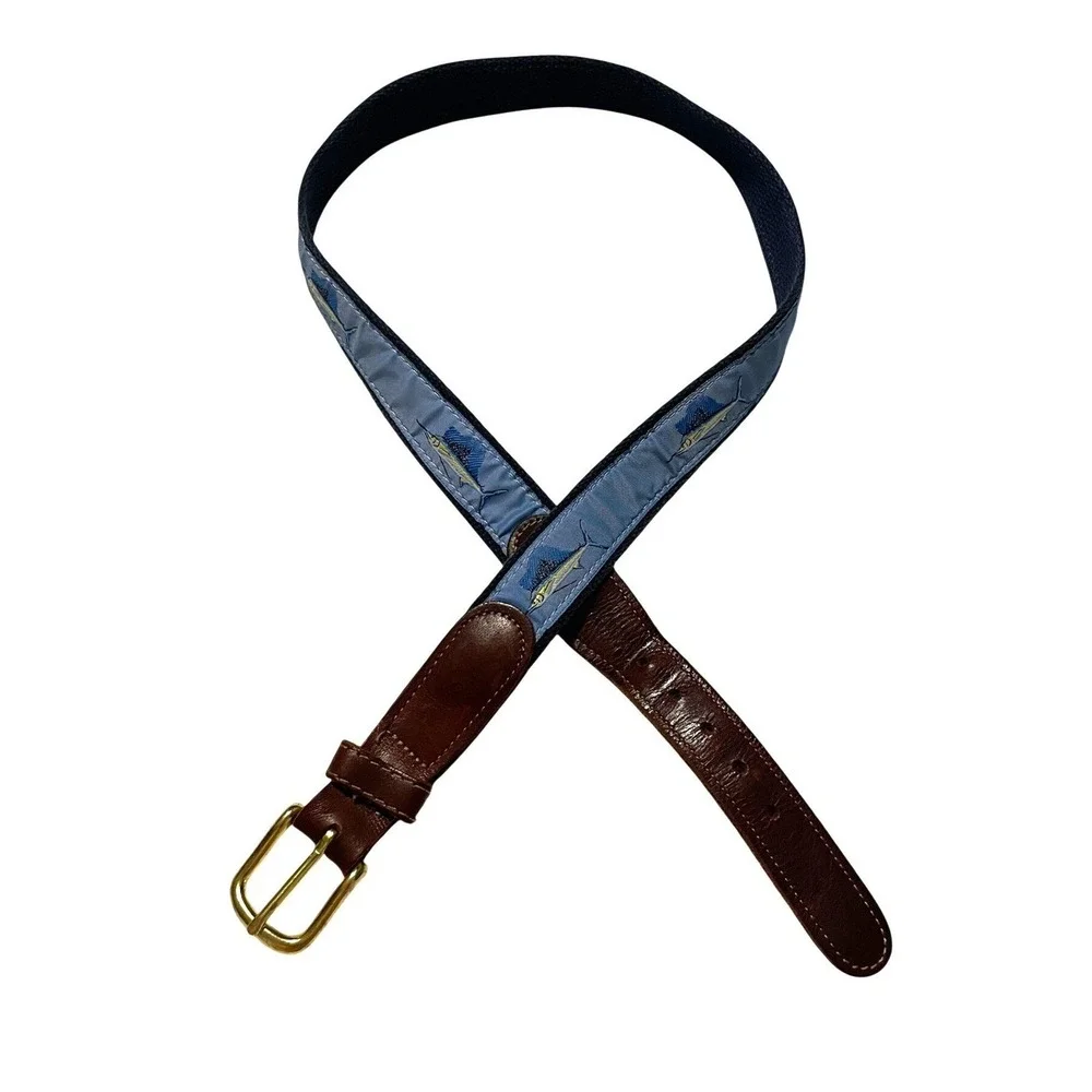 Preston Brown Leather Blue Woven Sailfish Ribbon Belt with Brass Buckle L